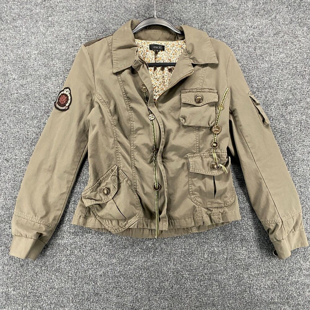 Escio Jacket Womens M Brown Full Zip‎ Patch Cargo Military Utility Casual Grunge